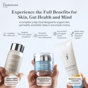 The Fundamental Skin, Gut & Mind 3-in-1 Set with probiotic beauty supplement, moisturiser and cleanser
